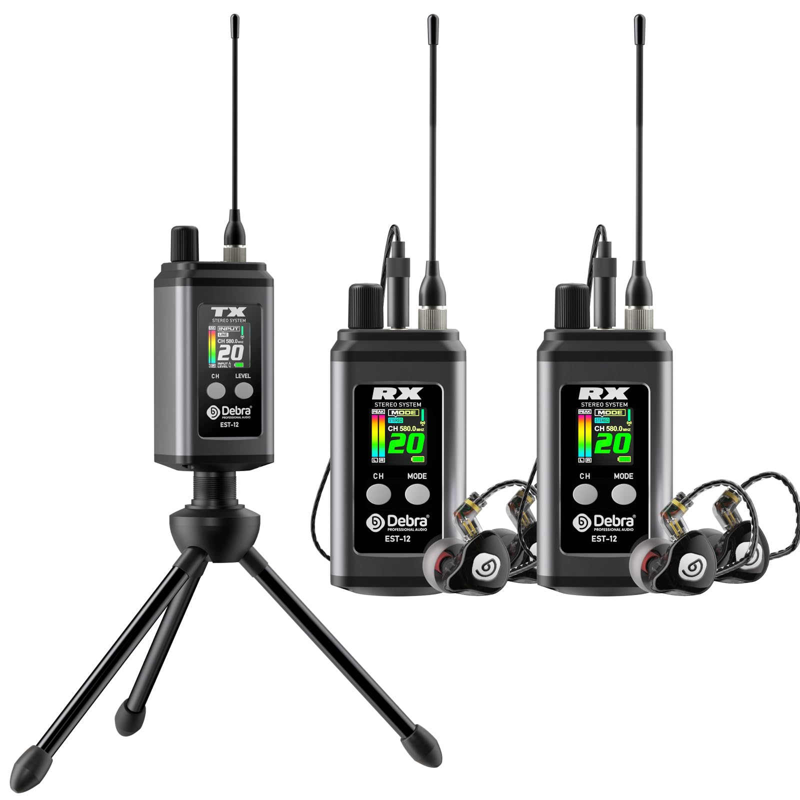 D Debra EST-12 UHF In-Ear Monitoring System Profi-Set mit 2 Empfänger, 20 Kanäle, latenzfrei, 80m Reichweite, Metallgehäuse für Studio & Bühne