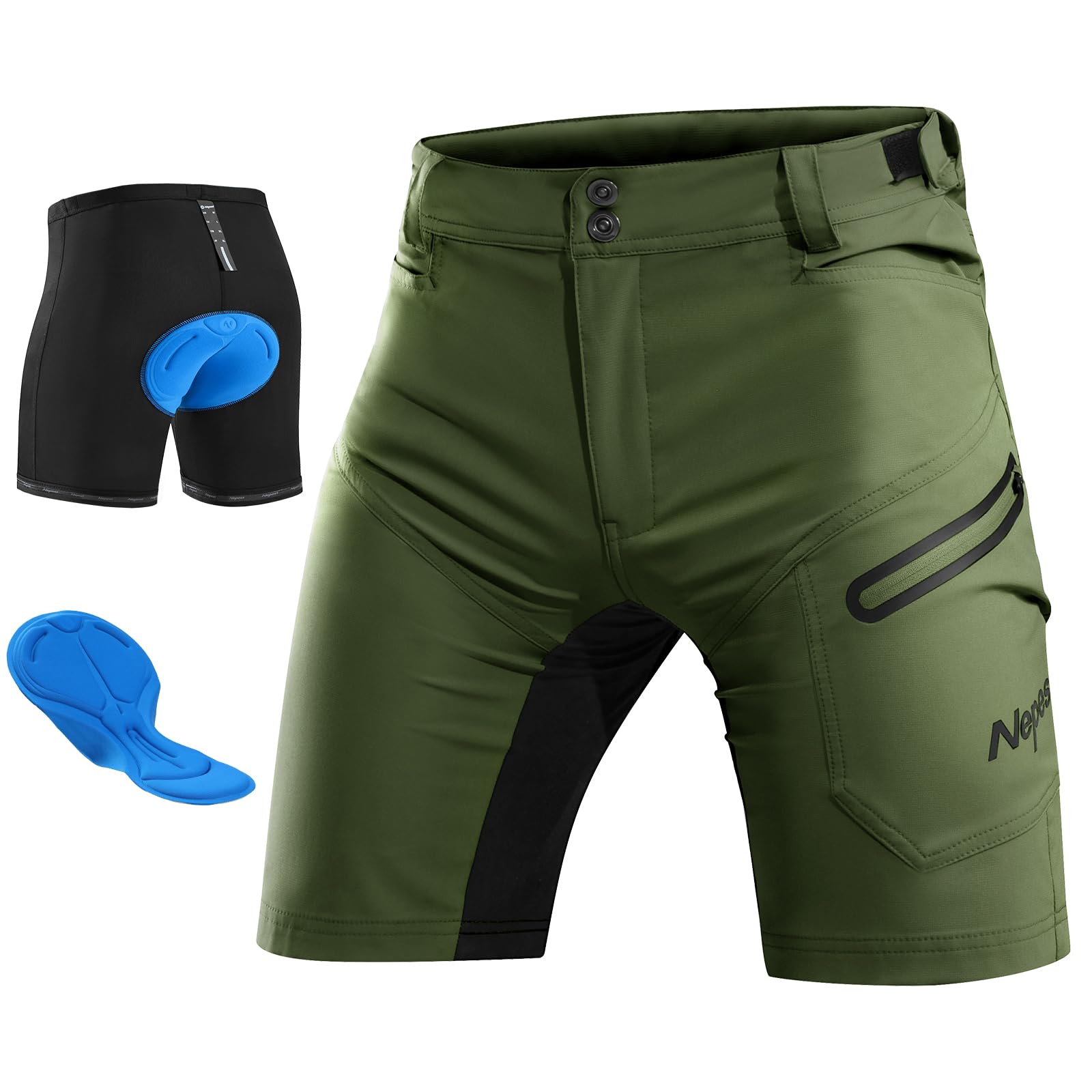 Nepest Mountainbike Hose Herren, 4-Wege-Stretch, Reflektierend Radhose Kurz | Radhose Herren Gepolstert, Leichtes Stretch-Material, Feuchtigkeitsableitend, 3 Taschen, MTB Shorts, Fahrrad, Cycling
