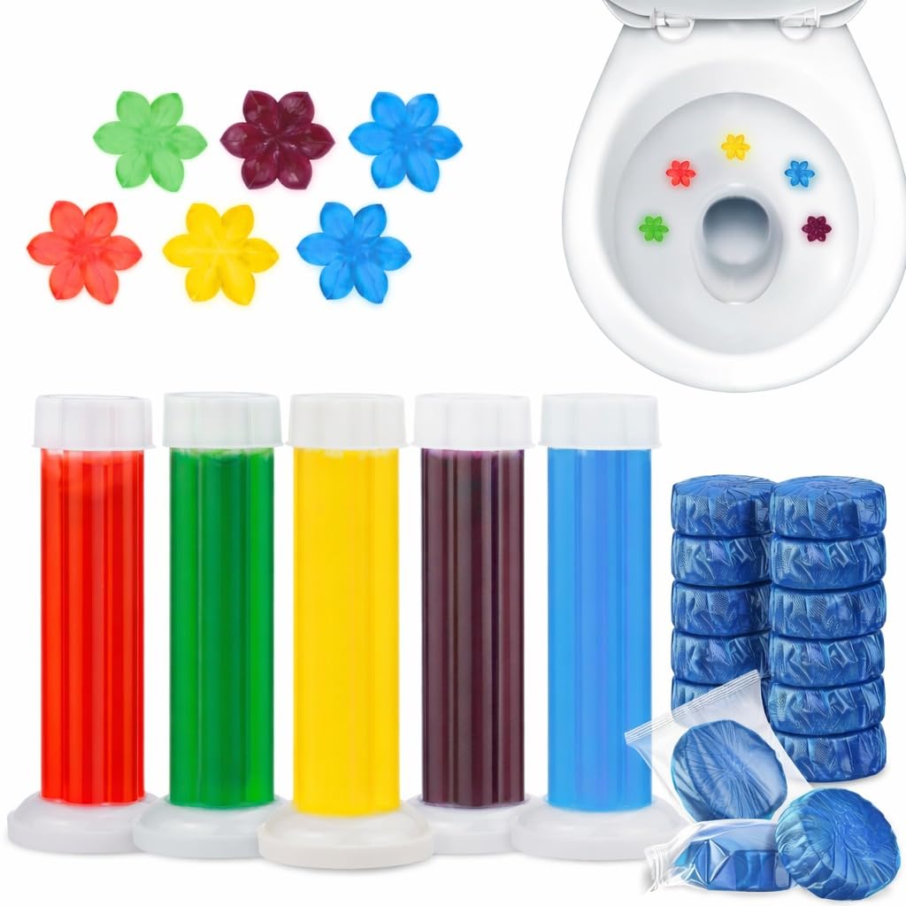 toilet cleaning gel flower stamp & toilet bowl cleaner tablet blue bubble combo | toilet fresheners for remove bad odor limescale stain removal long-lasting bathroom cleaner (10 tablets + 1 gel)