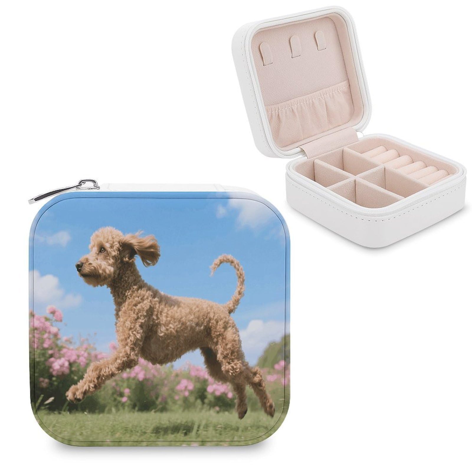 VstaDank Poodles Dog Jewelry Box for Women Jewelry Organizer Storage Case with Zipper Mini Travel Jewelry Case Cute Trinket Organizer Leather Portable Jewelry Storage Box