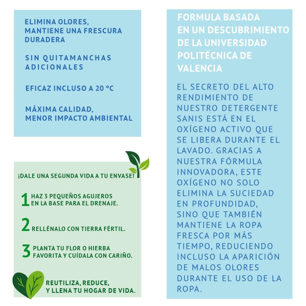 SanisWash, Detergente en Polvo con Oxígeno Activo, Detergente para Lavadora, Eficaz Incluso a 20º, Elimina el Olor en la Ropa Deportiva, Ropa Limpia y Fresca, 165 Lavados, 5Kg