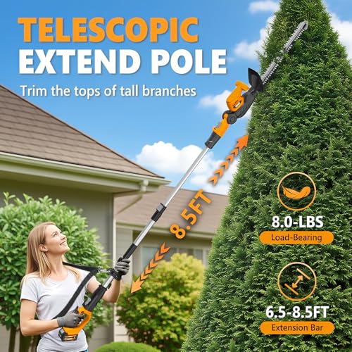 Image of Alloyman 20V 2-in-1 Cordless Pole & Handheld Hedge Trimmer,Electric Hedge Trimmer with 2 Packs 4.0Ah Battery & Charger,8.5-Feet Reach, 11 Rotating Head Hedge Trimmers for Shrub Pruning