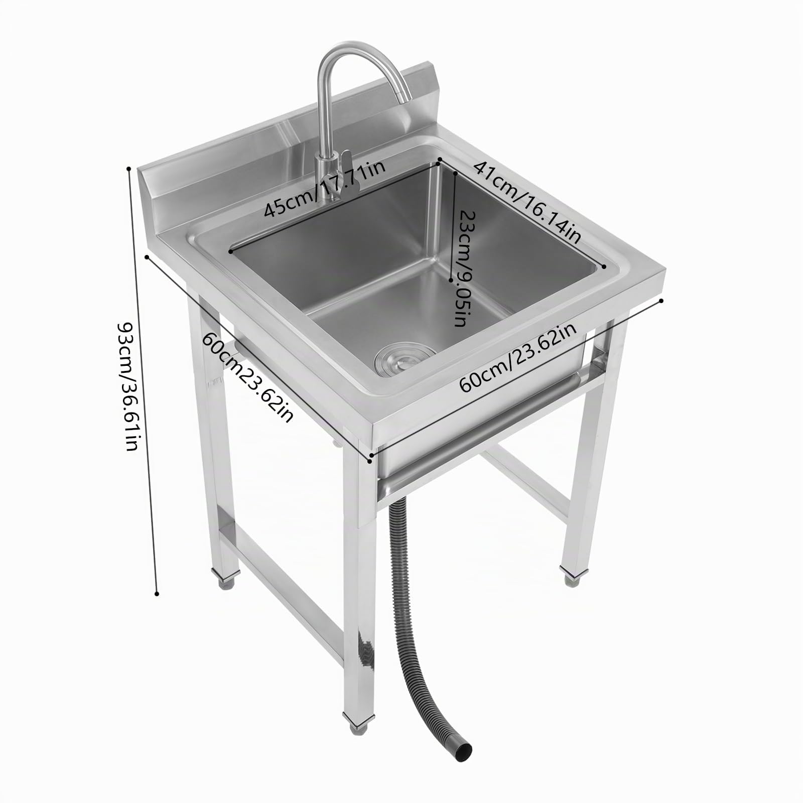 Fregadero de cocina de acero inoxidable, 1 bandeja multifunción con grifo caliente y frío, lavabo independiente para garaje, taller, lavandería, camping, 93 x 60 x 60 cm