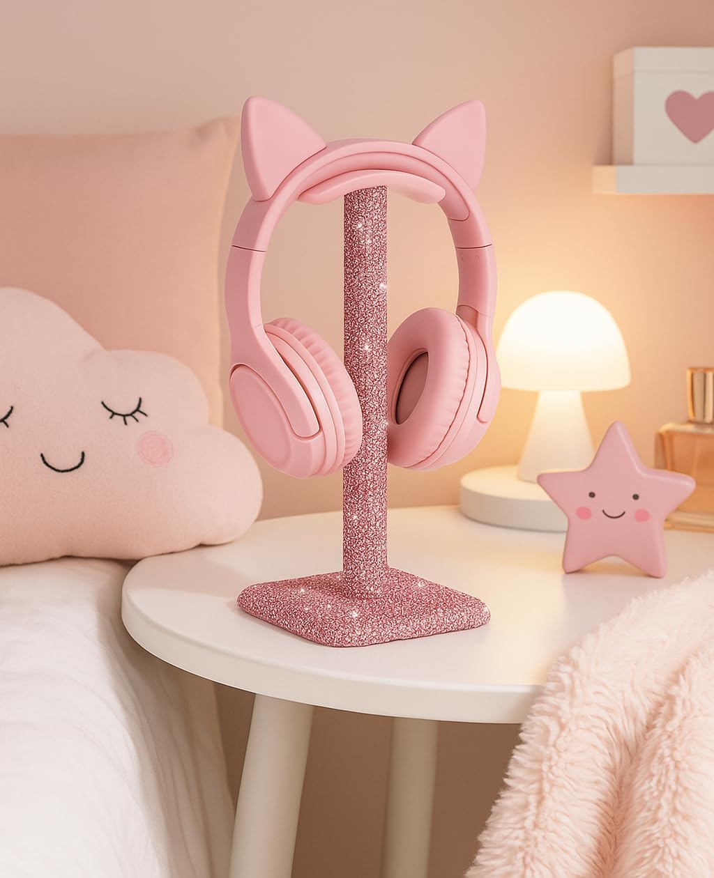 Luxury Rhinestone Headphone Stand – Cute Crystal Headset Holder for Gamer Girl Desk Setup – Bling Kawaii Desk Accessories with Soft Headrest – Aesthetic Gift for Daughter & Girlfriend (Pink)
