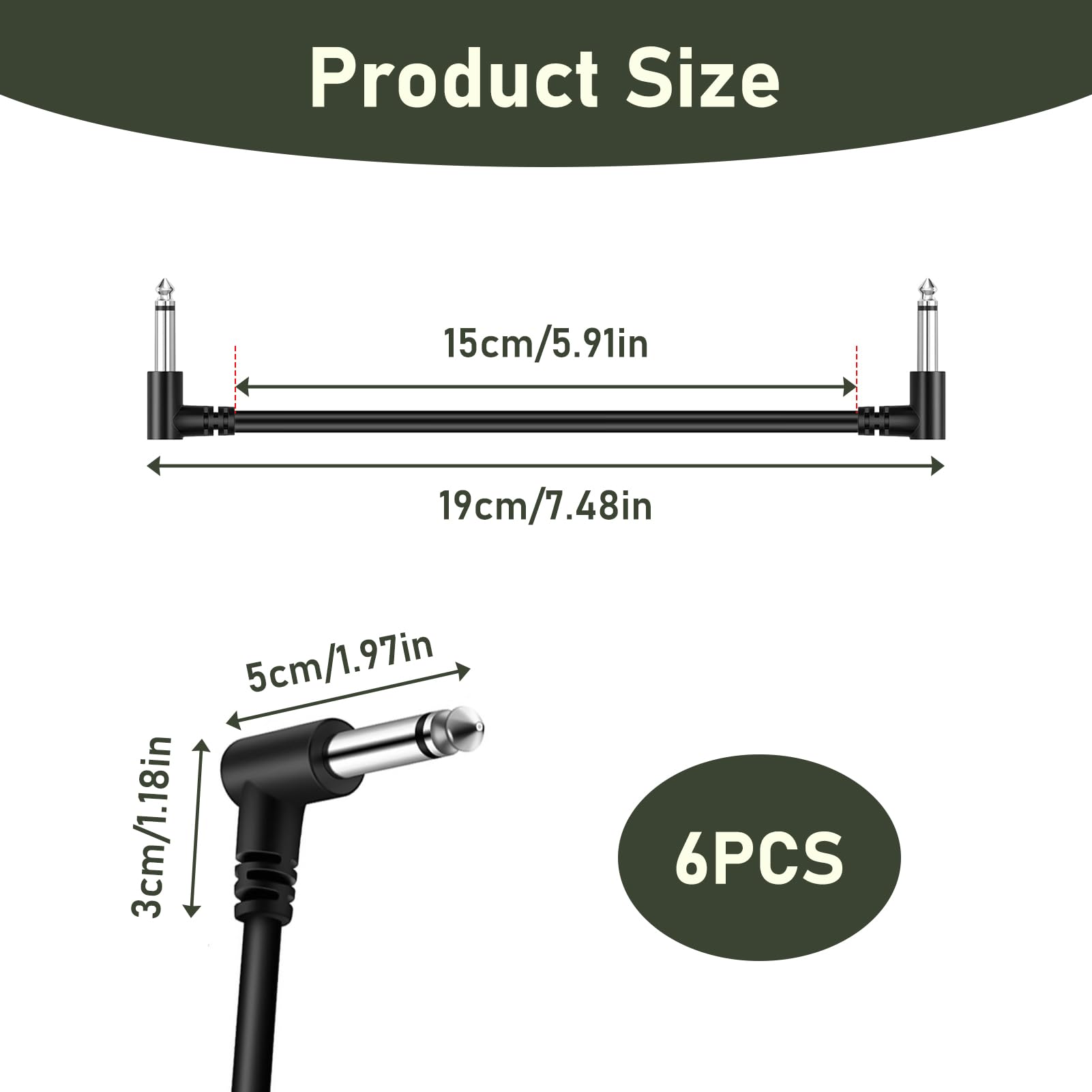 Zescyha 6 Packs 15CM Guitar Patch Cables, 6.35mm Guitar Effect Pedal Cable, 6 Inch Right Angle TS 1/4" Audio Plug - Image 4