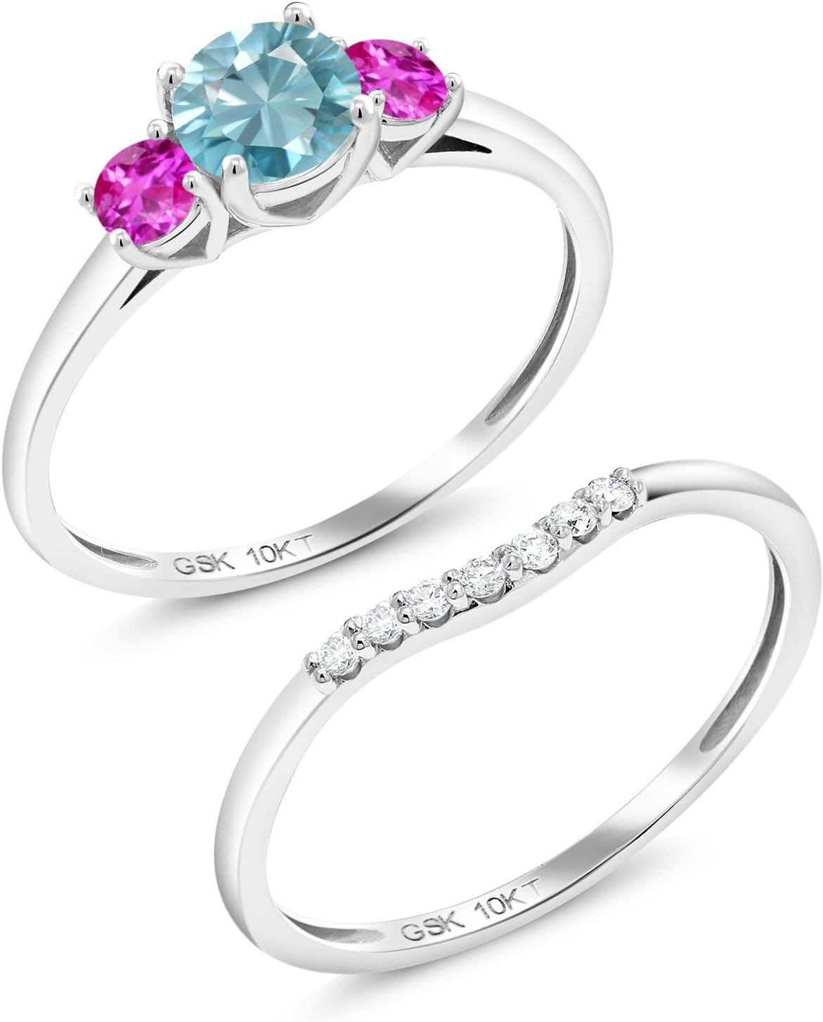 Gem Stone King 10K White Gold Blue Zircon and Pink Sapphire and White Lab Grown Diamond 3-Stone Bridal Engagement Wedding Ring Set For Women (1.18 Cttw, Gemstone, Round 5MM)
