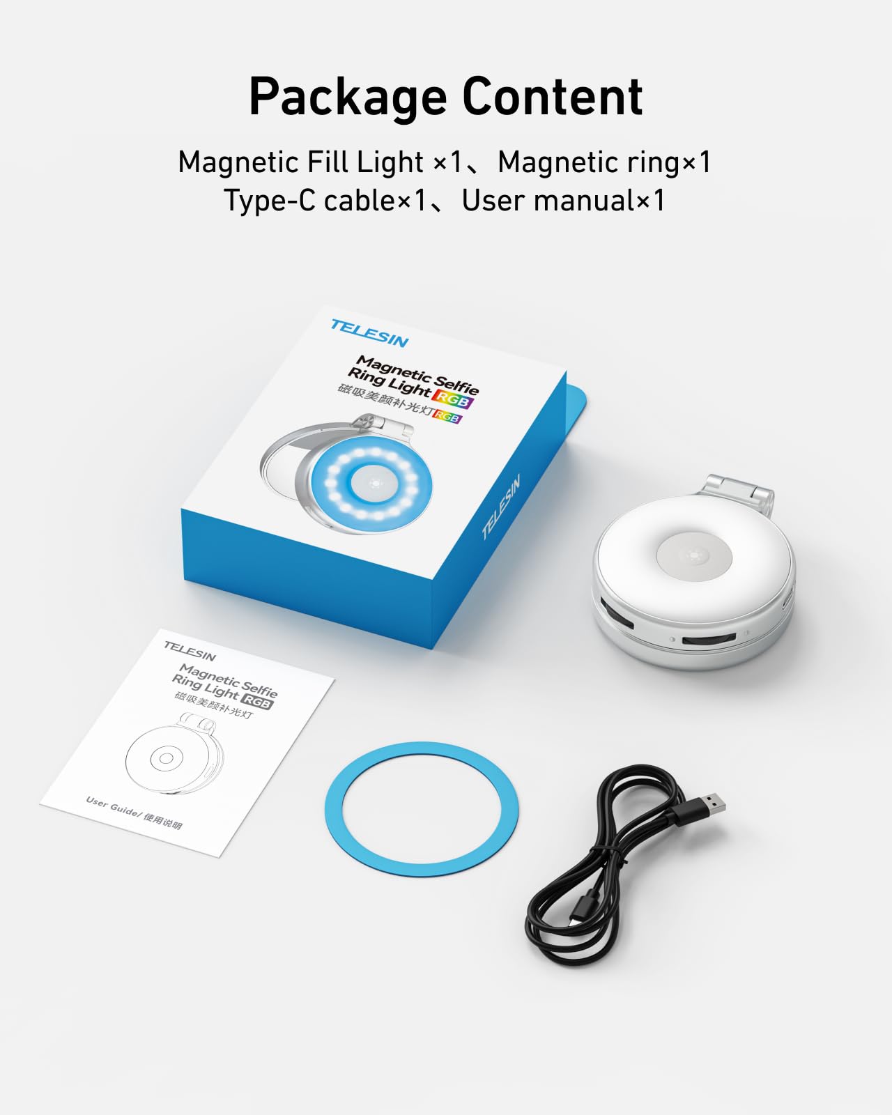 TELESIN Luce Selfie RGB Magnetica 4 in 1 per iPhone & Android, Luce Video LED 360° Ricaricabile con Specchio e CCT 2500K–7000K, Compatibile MagSafe, per TikTok, Vlog, Trucco, Fotografia, Streaming