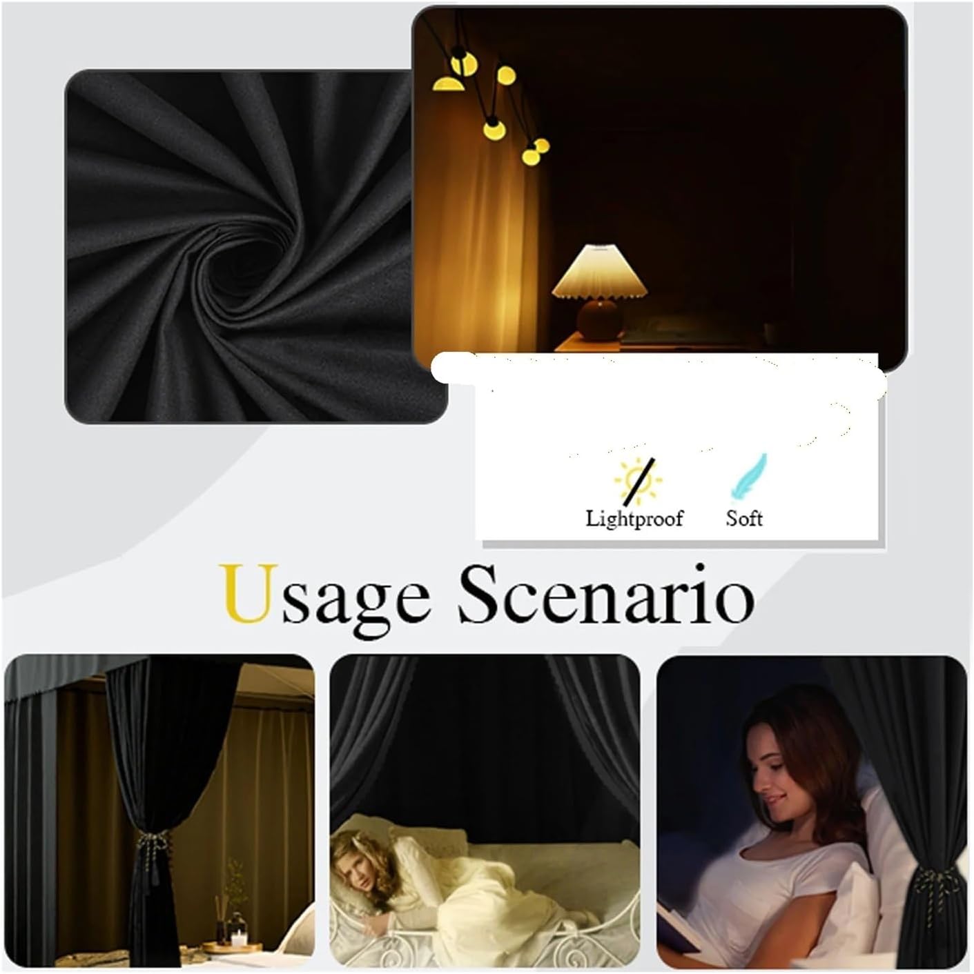 Canopy Bed Curtains Queen/King Black Four Corner Post Bed Canopy Curtains Sheer for Adults Girls Bedroom Decoration Lightproof Windproof(Color 1,Queen)