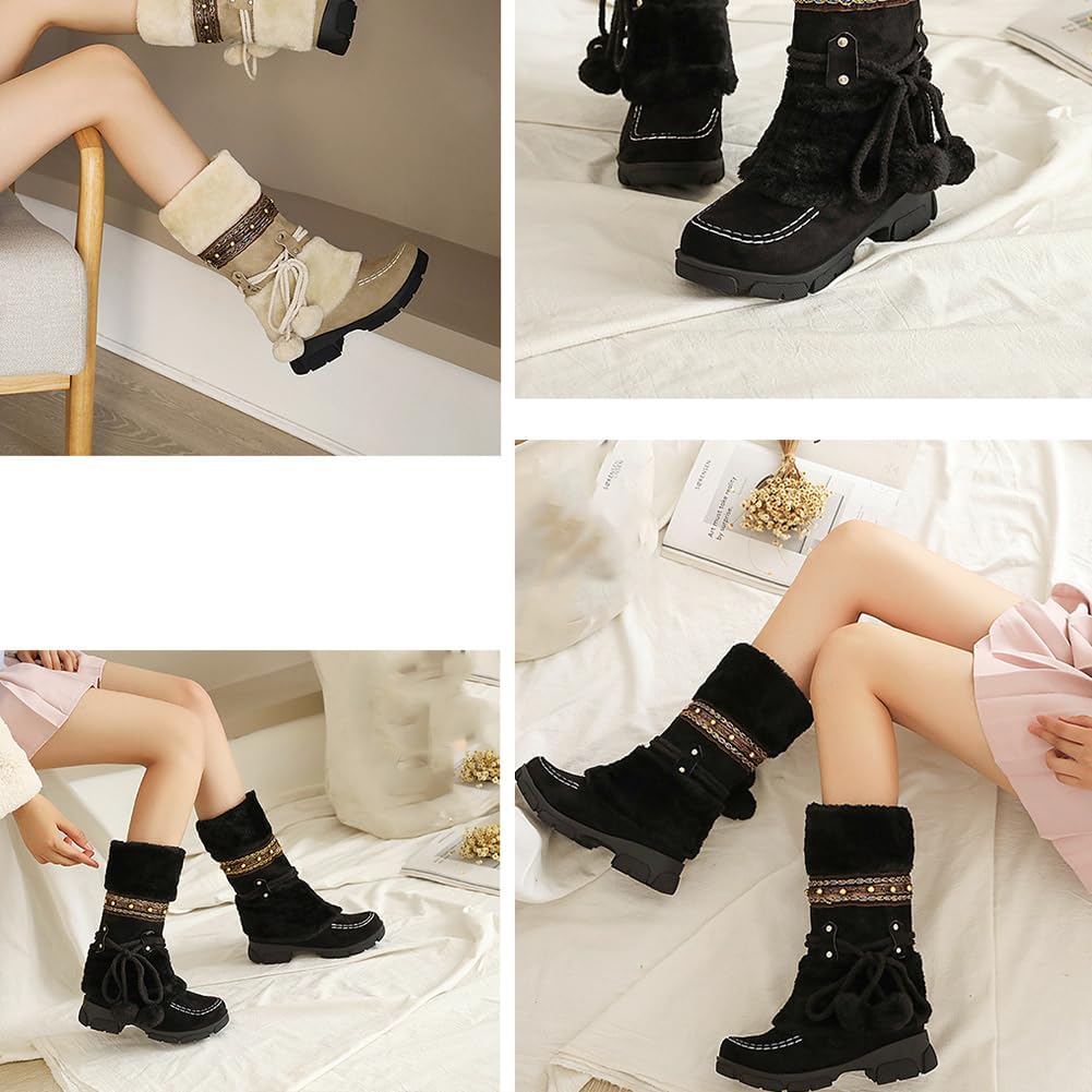 Women's Mid-Calf Slip On Winter Snow Boots Fur Lined Warm Knight Boots Winter Lace Up Pompoms Platform Furry Snow Boots