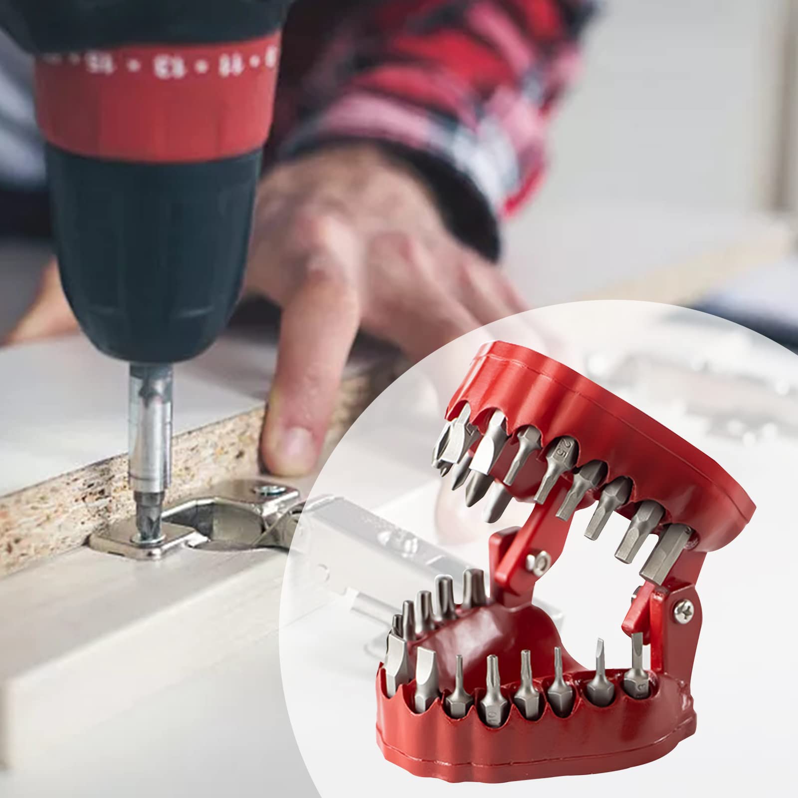 Denture Porte-embout Denture Drill Bit Holder avec 28 forets pour foret dentaire, porte-foret pour prothèses (rouge)