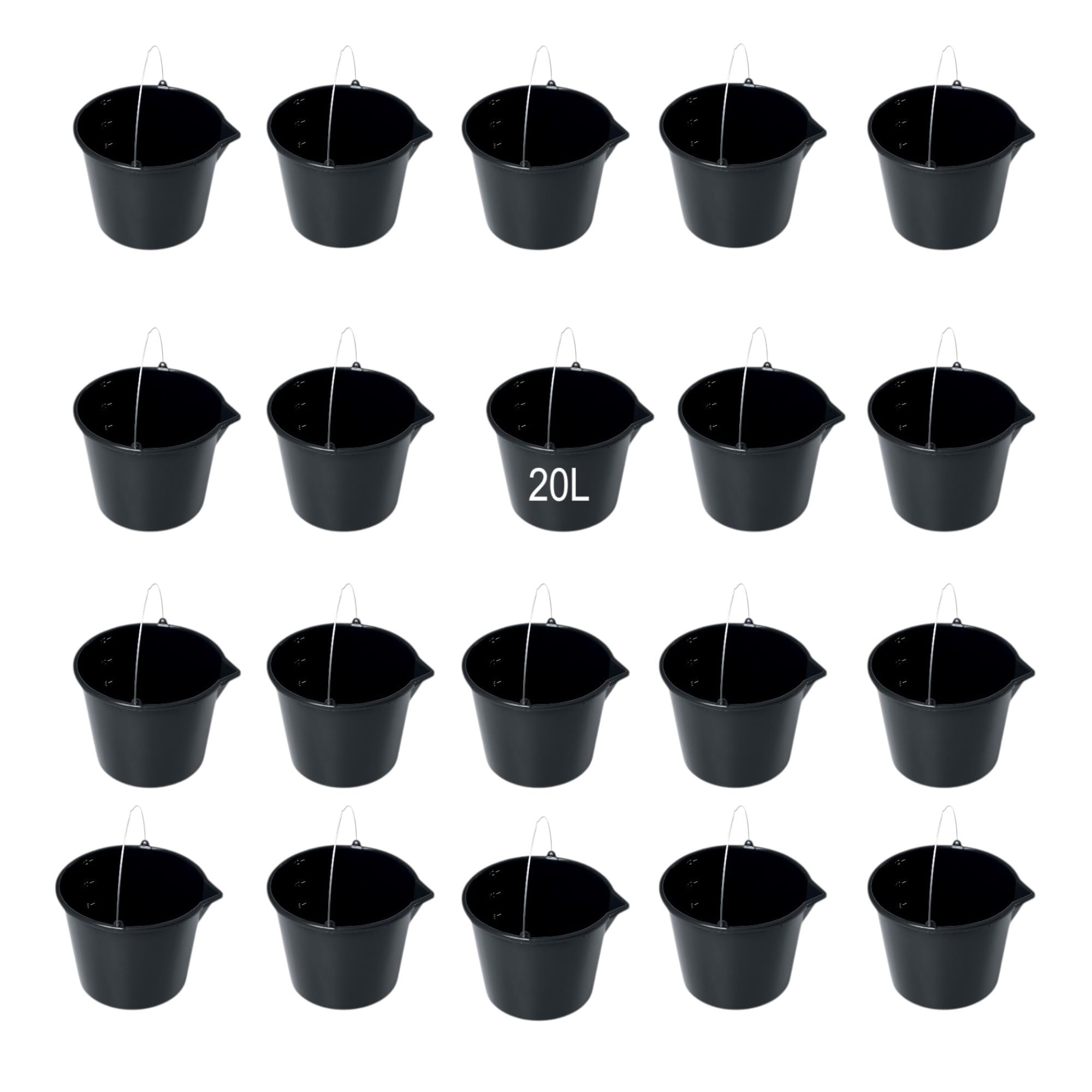 Cubo negro con escala y vertedor – 20 l – Cubo de plástico resistente con asa – Cubo de limpieza, cubo de agua y cemento – para construcción, jardín y hogar – Juegos de 15 unidades (15, 20 L)