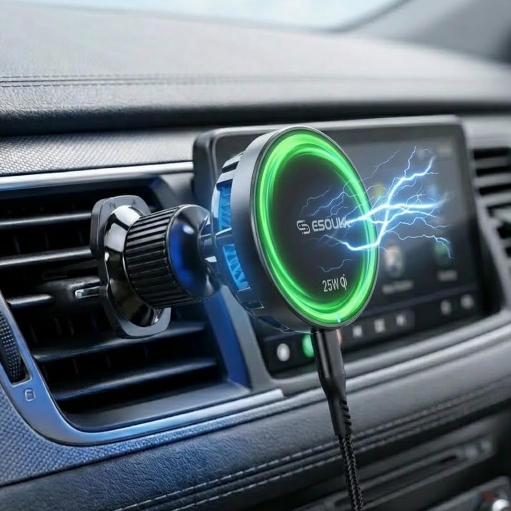 Esoulk [2026 Upgraded] Qi2 25W Fast Wireless Car Charger with Active Cooling Fan for Heat Protection, MagSafe Compatible Magnetic Air Vent Mount with Locking Clip, Phone Holder for iPhone & Android