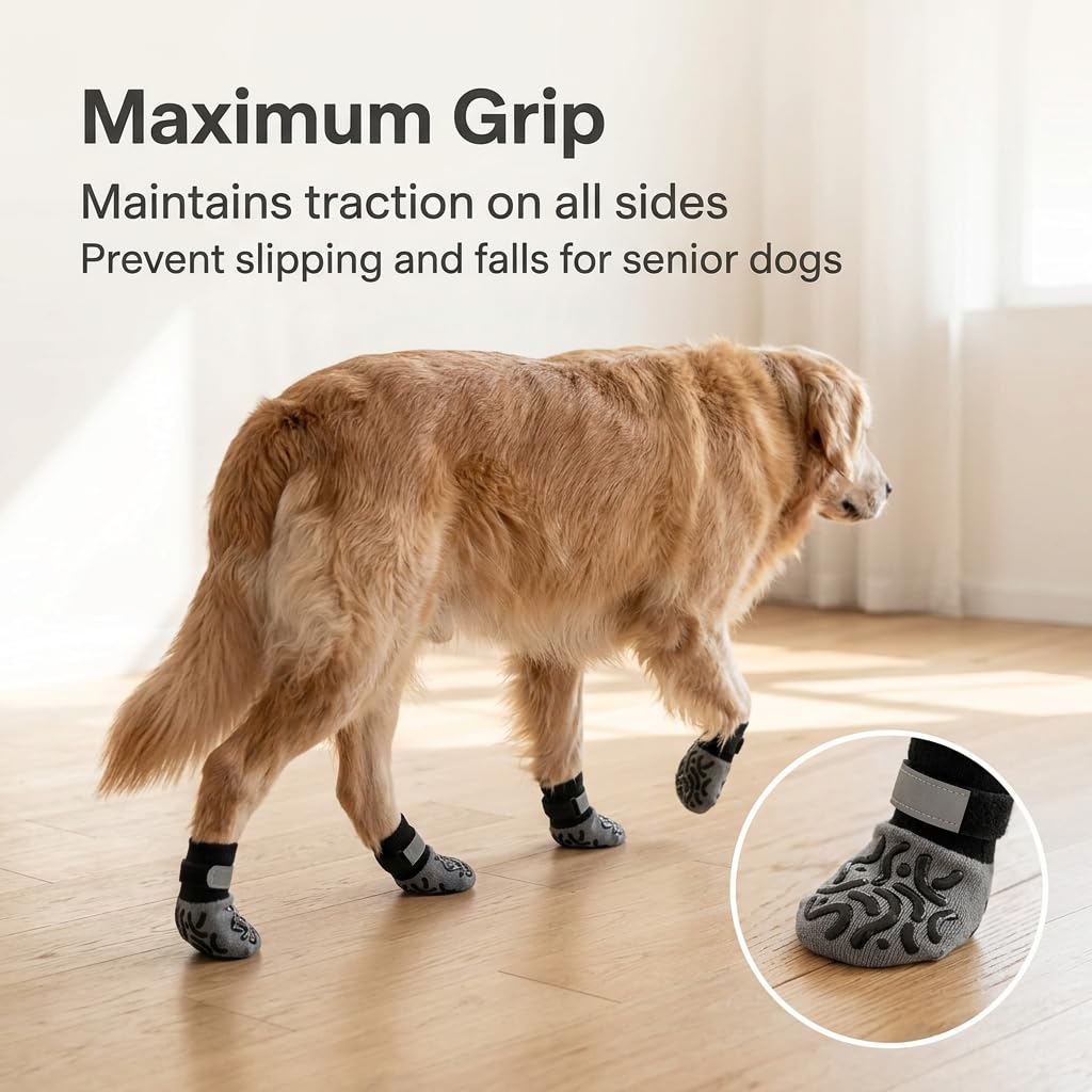 Chaussettes Antidérapantes pour Chien 2 Paires, Protège-Pattes Réglables avec Motifs en Silicone, Confortables et Élastiques pour Petits Chiens et Chats, Protection Sol et Mobilité