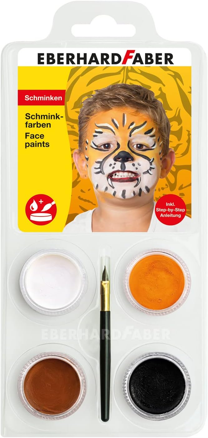 Eberhard Faber 579025 – Juego Tigre con 4 Colores, Pincel e Instrucciones, Soluble en Agua, Secado rápido, Set de Maquillaje para niños para Pintar la Cara, Blanco, Ocre marrón, Negro