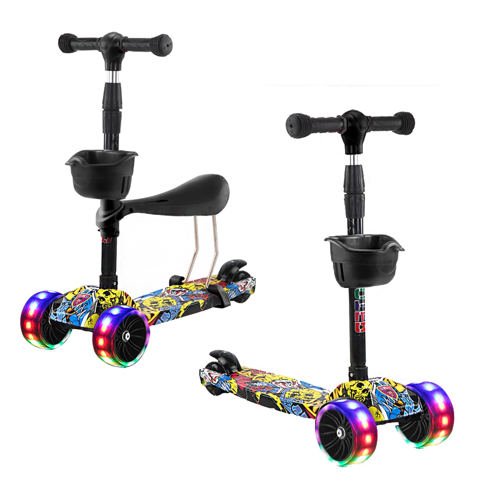 2-in-1 Kick Scooter, Adjustable Height Foldable Scooter Removable Seat, 3 LED Light Wheels and Anti-Slip Deck, Outdoor Activities for Boys Girls Ages 3-8