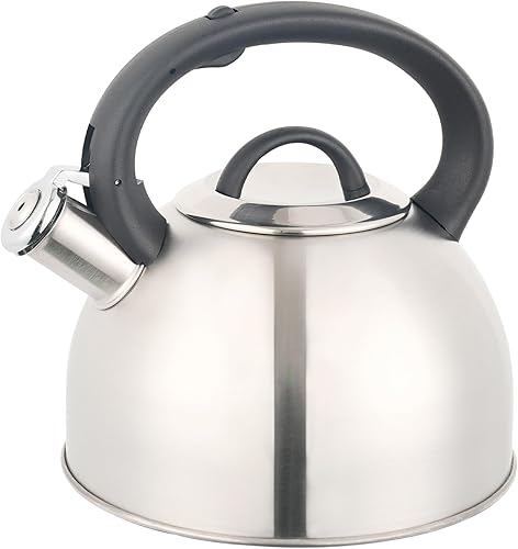 Tetera de acero inoxidable para estufa, tetera silbante de 2.8 cuartos de galón para estufa con mango anticalor y botón de apertura y cierre de un