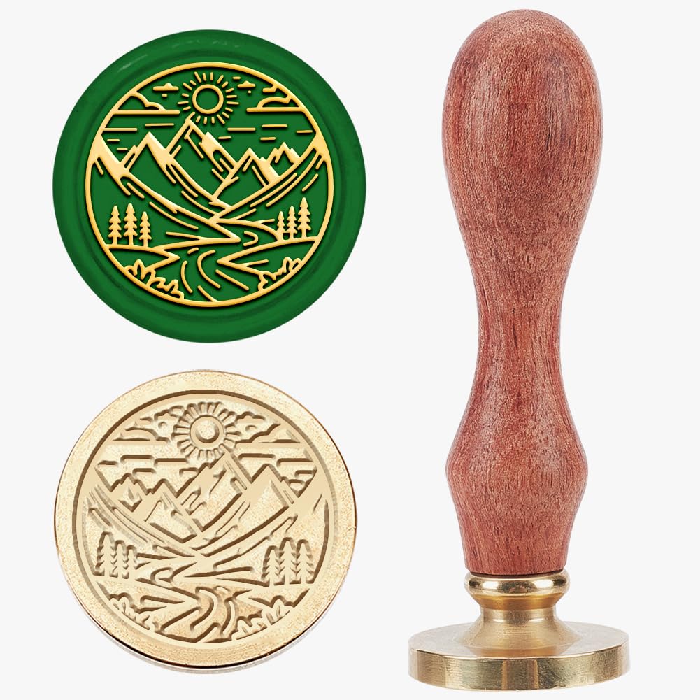 MAYJOYDIY Mountains River Sun Wax Seal Stamp 25mm Nature Landscape Sealing Wax Stamps Forest River Brass Removable Heads Wood Handle for Gift Wrapping Envelopes Cards Letters Wine Packages Decoration