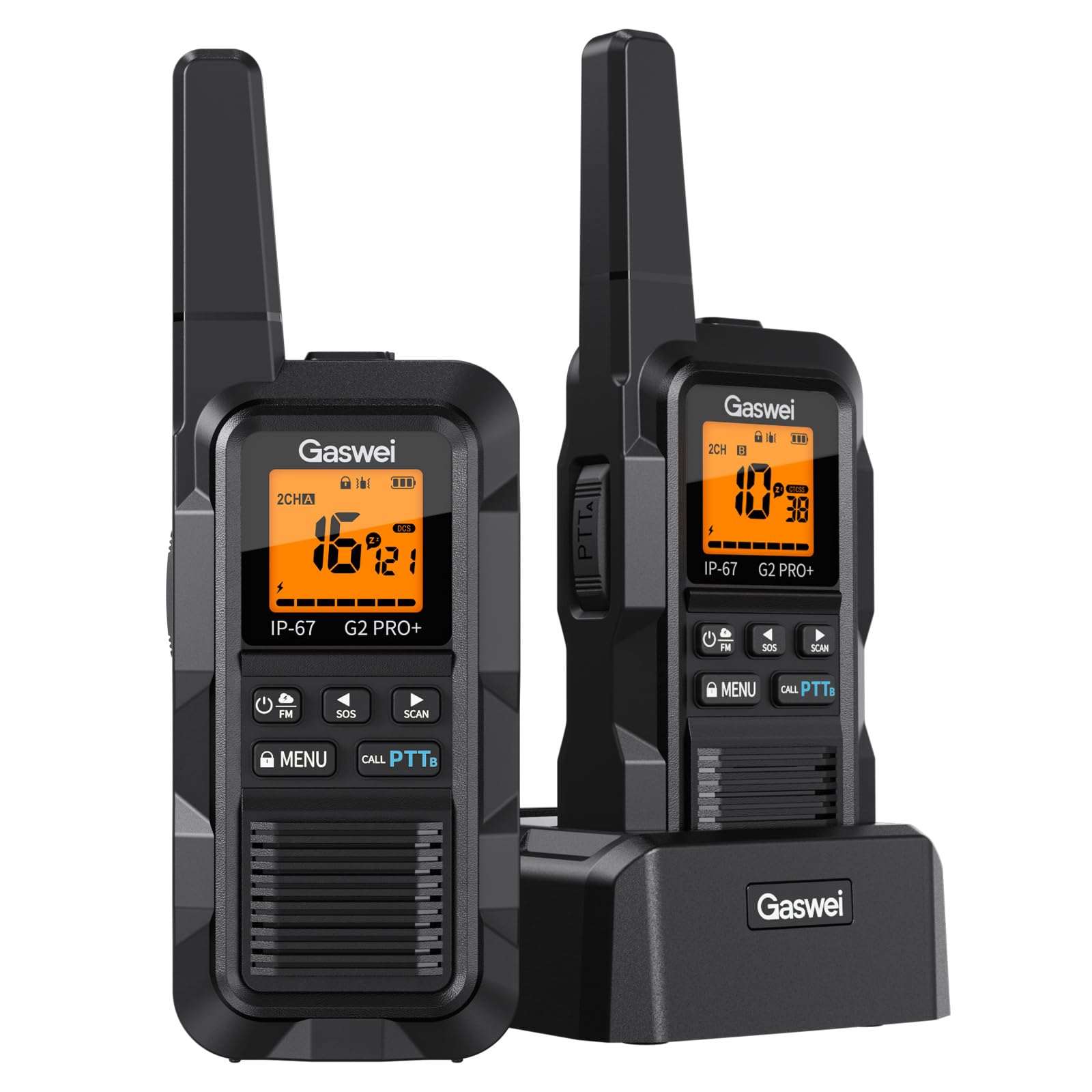 Gaswei G2Pro Walkie-talkies Profesionales para Adultos [IP67 Resistentes al Agua y flotantes] Radio de Largo Alcance con Doble PTT, Alarma SOS, Radio FM (2 Unidades - Negro) - 1