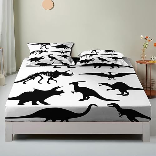 Miniatura 3 de Juego de sábanas bajeras con temática de dinosaurio, patrón de silueta de dinosaurio, juego de cama decorativo impreso de 3 piezas, sábana bajera de