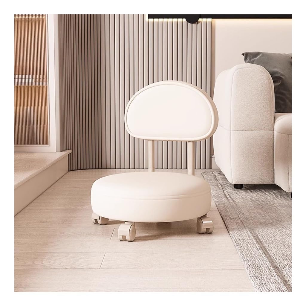 Wdsopk White 360° Rotating Low Stool With Backrest,Rolling Pulley Stool Low Stool With Wheels,Shoe Changing Makeup Cleaning Chair Faux Leather Ottoman Pulley Chair（White）