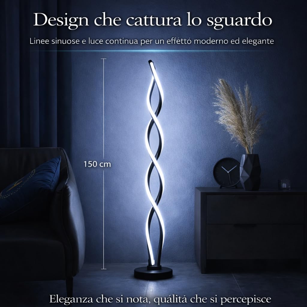 Arcadia Lampada da Terra LED Moderna Spirale | Piantana Design Contemporaneo | Luce Calda/Fredda | Lampada Salotto Camera da Letto Studio, Arredo Interni Elegante 120 cm (Nero)