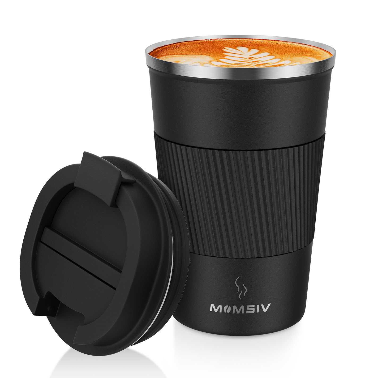 MOMSIV Thermobecher Isolierbecher, 13oz/380ml Rutschfest Edelstahl Travel Mug, Kaffeebecher aus Doppelwandig isoliert Vakuum auslaufsicher Reisebecher mit Deckel Kaffee-to-go Becher, Schwarz