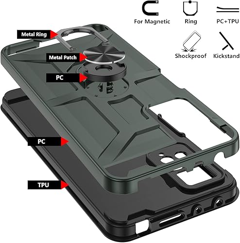 Vista 13 de Redmi Note 11 Pro - Funda con protector de pantalla de vidrio templado 3X, soporte de anillo integrado y soporte magnético para automóvil, funda a