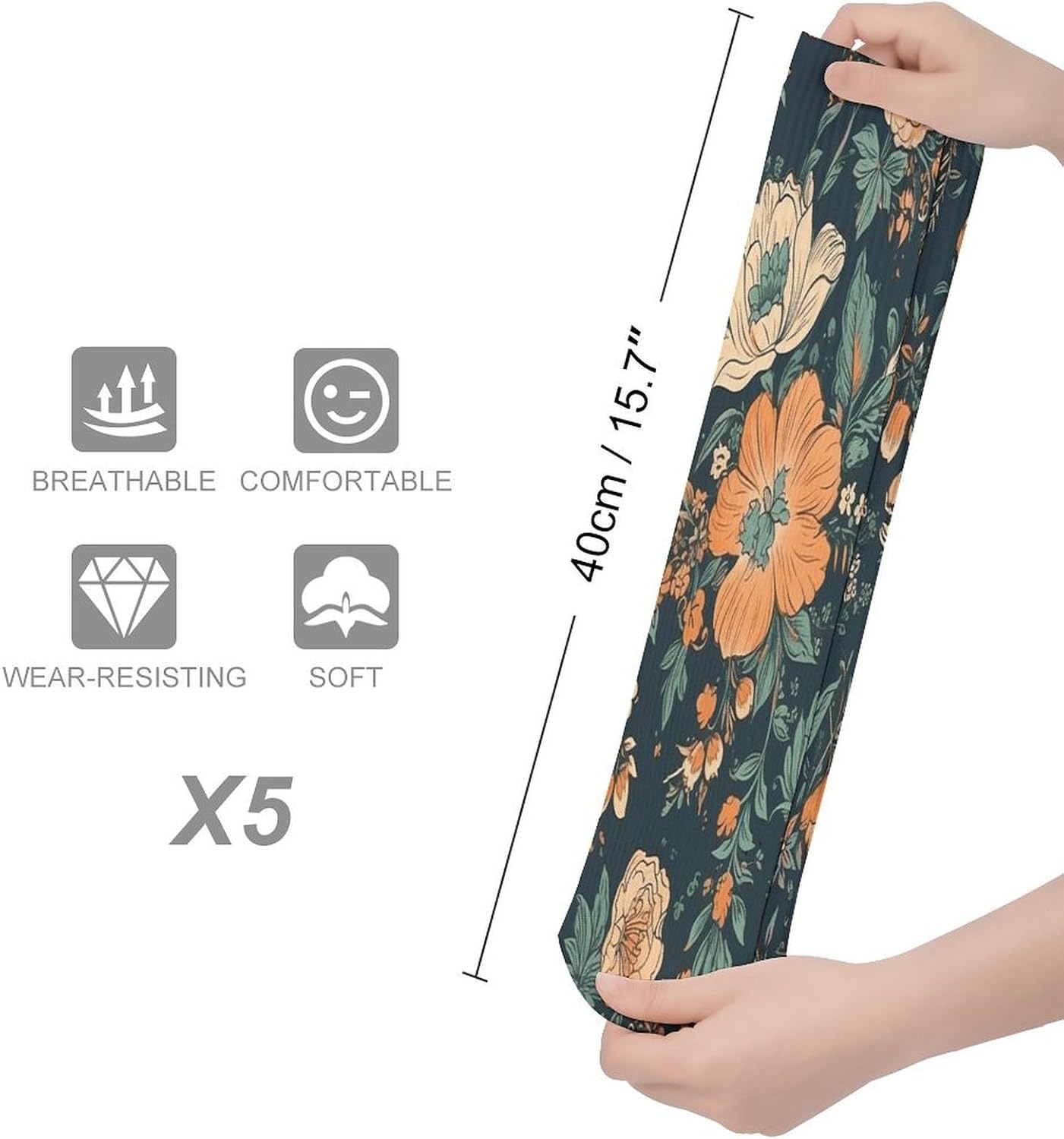 Orange And Green Flowers Crew Socks Cozy Casual Calf Socks Lightweight Long Work Sock Breathable Athletic Sock for Hiking Sports Running 5 Pairs
