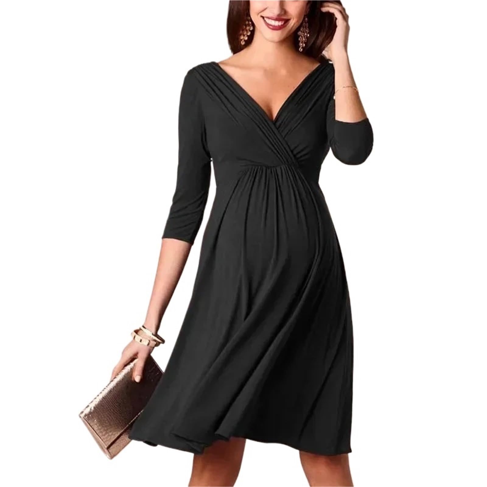 AMEEDA Maternity Clothes Maternity Breastfeeding Dresses Pregnant Women's High Waist Fold Dress Comfy Pregnancy Nursing Evening(Black,S)