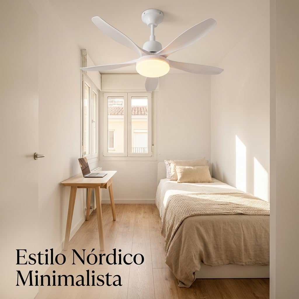 Ventilador Techo con Luz LED 76cm, Aspas Delgadas Silenciosas, Motor DC, 4 Velocidades Mando Distancia, Luz 3CCT 18W, Fácil Instalación, para Dormitorios Pequeños 7-14m², Blanco Mate