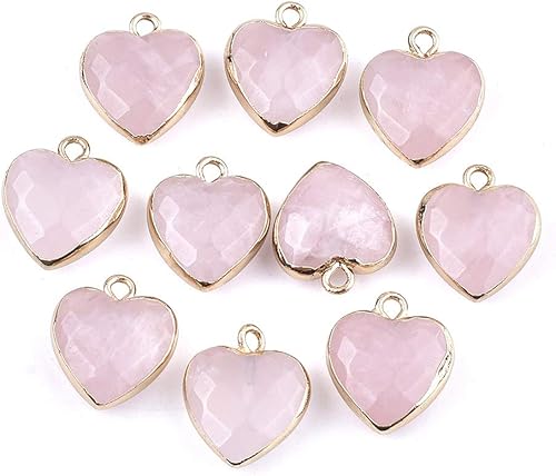 Miniatura 2 de KISSITTY 10 dijes galvanizados de cuarzo rosa con forma de corazón de piedras preciosas facetadas de 16-17x14-0.591 in con adornos de hierro dorado,