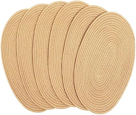DAJAMAI 6 Pack Jute Woven Placemats, 12x16 inches Brown Oval Plate Charger Cotton Heat Resistant Non-Slip Weave Placemats Farmhouse Straw Braided Rattan Tablemats Wicker Placemats for Dining Table