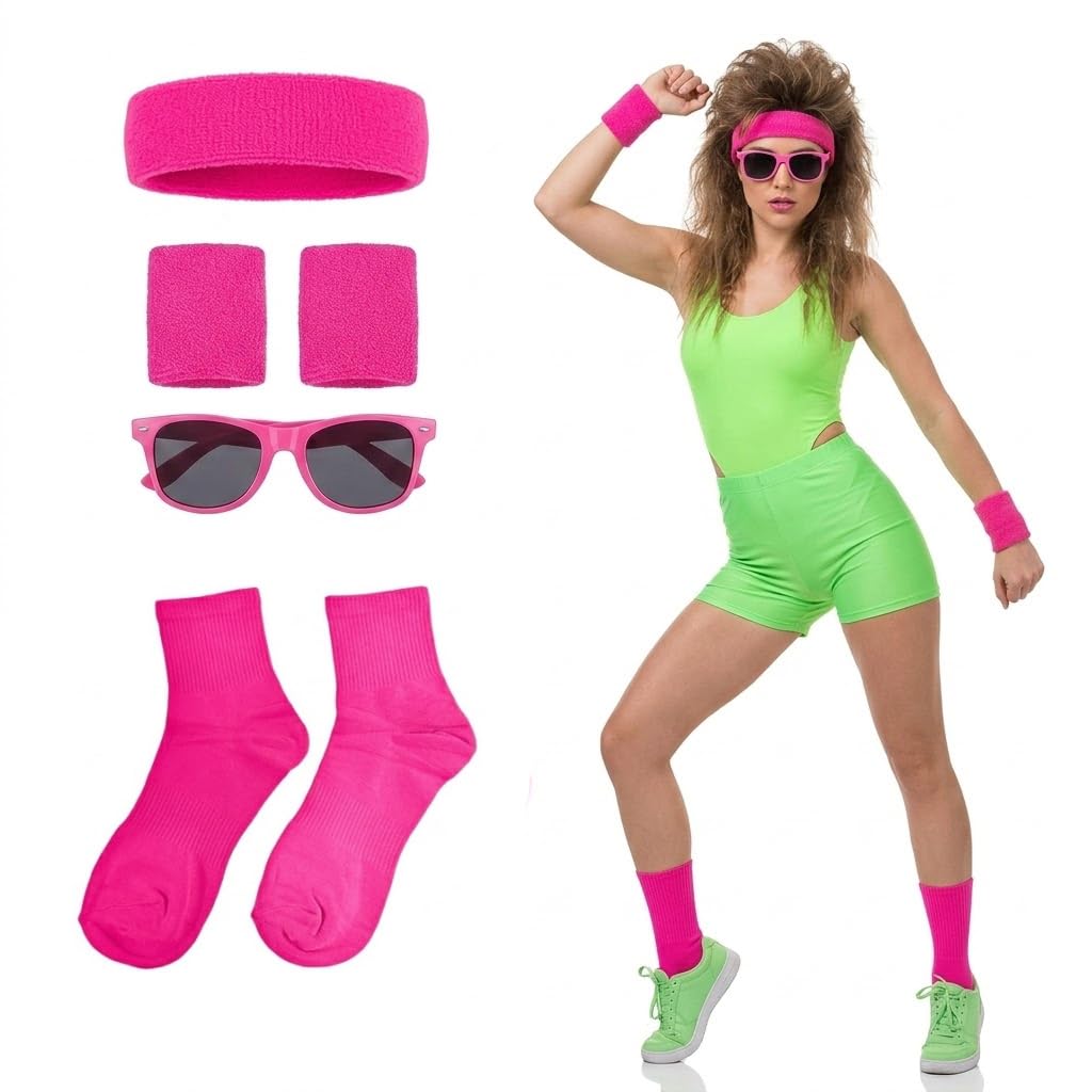 EQLEF Neon Accessories for Men 80s Fancy Dress, 4 Pcs Sunglasses, Socks and Neon Headband and Wristband Set Retro 80s Workout Costume for Men On 80s 90s Themed Party (Hot pink)