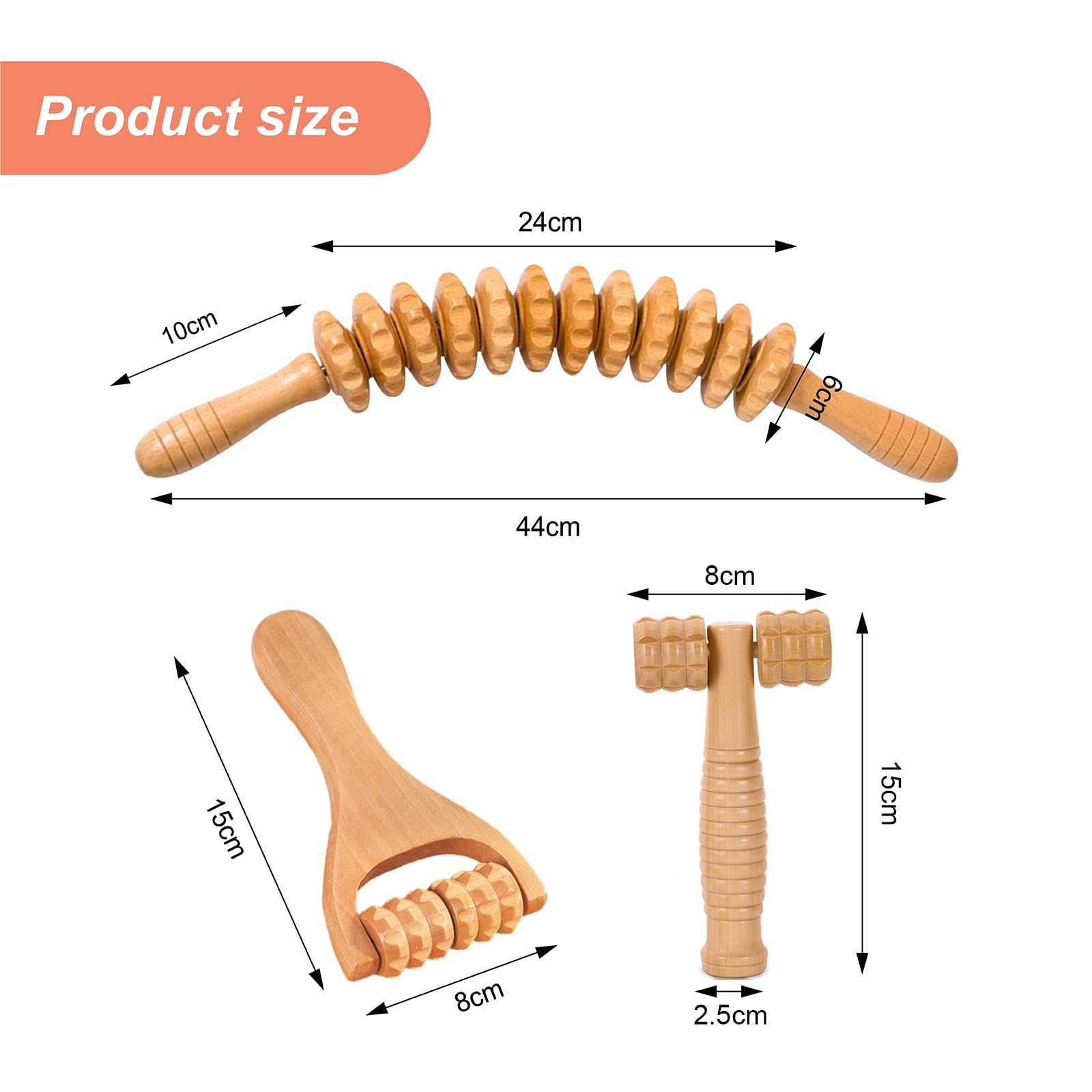 3 Stück Faszienstab Holz – Massageroller mit 12 Rollen für Nacken, Rücken, Beine, Füße & Kieferlinie – Muskelentspannung & Lymphdrainage – Ideal für Zuhause, Büro & Reisen