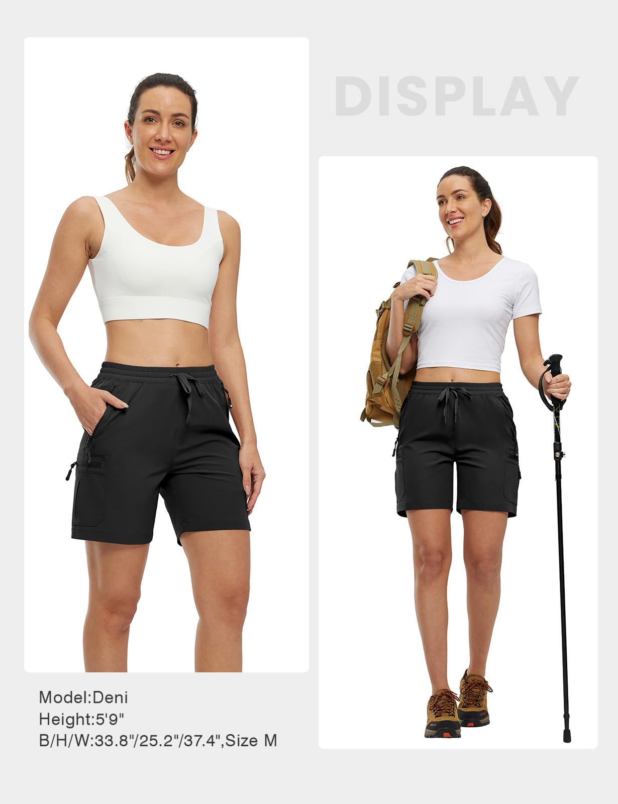 YSENTO Damen Wanderhose Kurz Sommer Leichte Cargohose Sporthose Arbeitshose Schnelltrocknend Atmungsaktiv Outdoor Shorts(Schwarz,L)