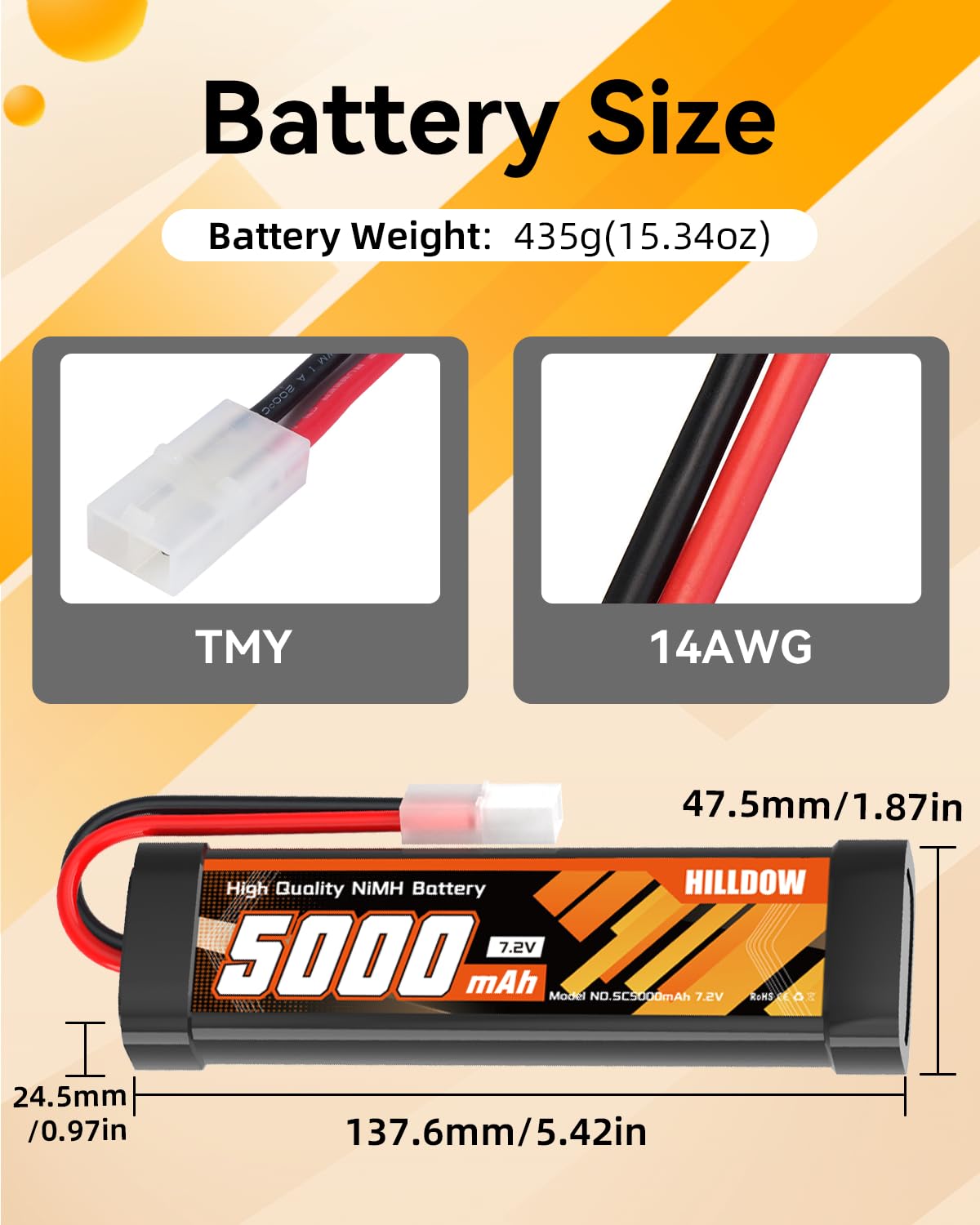 HILLDOW Batería Recargable de NiMH de 5000mAh y 7.2V con Conector TMY para Coches RC, Camiones RC, Vehículos RC y Modelos de Hobby(2 Paquetes)