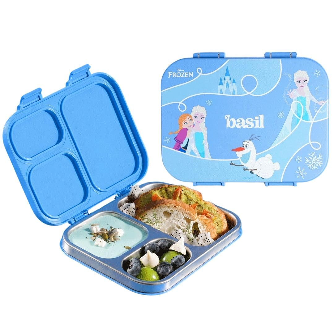 basil bento lite 3 comparment stainless steel lunch box | disney | 780 ml | leakproof | for kids & adults | frozen magic