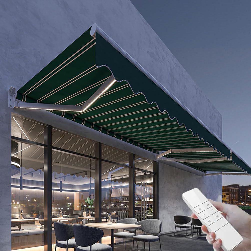 HELCEKOU Electric Retractable Awning 3x2M Fully Automatic Outdoor Canopy with LED Light Aluminum Sunshade for Deck Balcony Courtyard & Shop Green Shade Solution