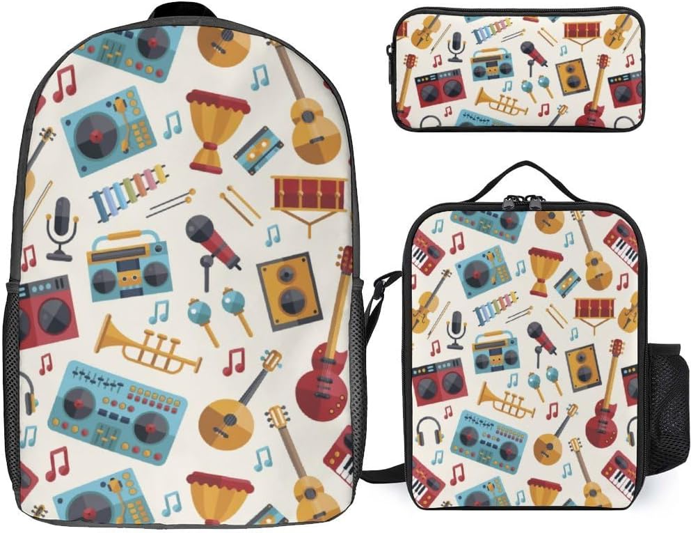 Guitar Violin Musical Instrument Pattern 3 Piece Backpack Sets With Lunch Bag Pencil Case Combination Hiking Travel Work