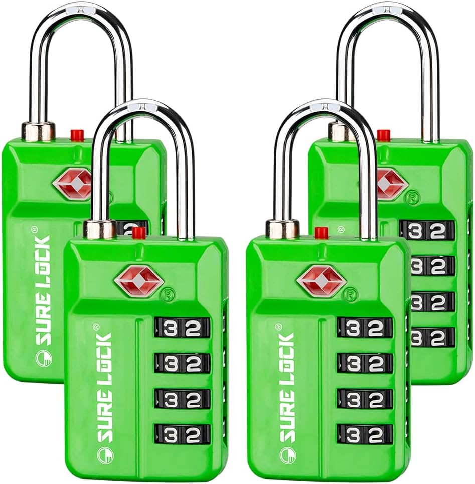 SURE LOCK TSA Approved Travel Luggage Locks, Open Alert Combination Lock for School Office & Gym Locker,Toolbox, Pelican Case,Easy Read Dials- 1, 2 & 4 Pack, Green 4 Pack, L, Compact