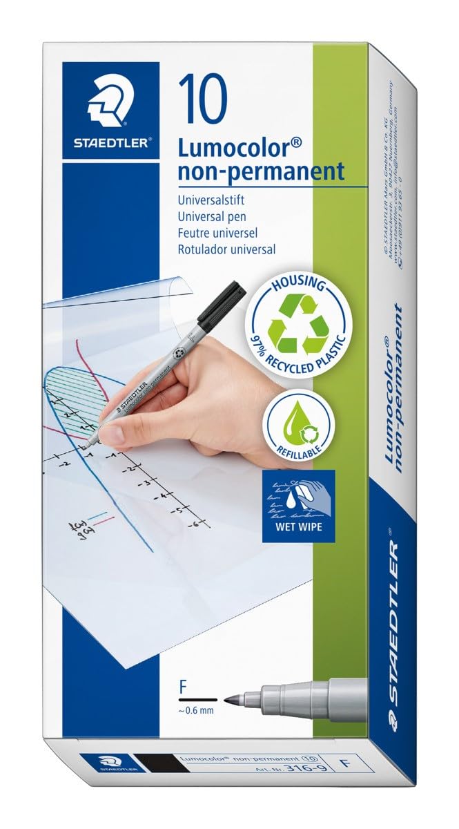 STAEDTLER Lumocolor non-permanent overhead marker, water-soluble ink, suitable for almost all surfaces, line width F 0.6 mm, refillable, long service life, 5 black pens, 316-9X