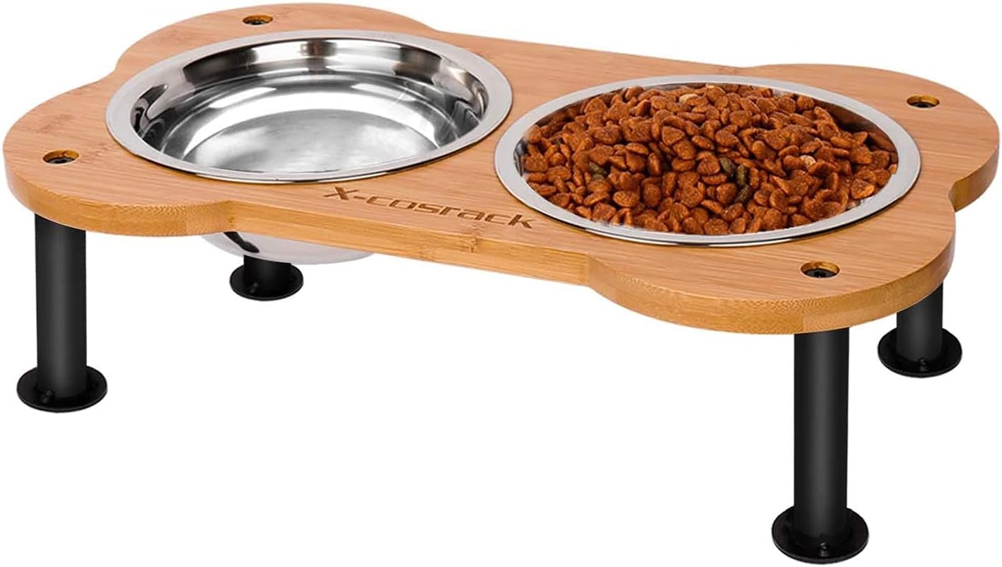 Elevated Small Dog Cat Bowls, Unique Bone Shape Bamboo Raised Dog Bowl Stand with 2 Stainless Steel Bowls, Anti-Slip for Pets Puppy Small Dogs Cats Food Water Bowls