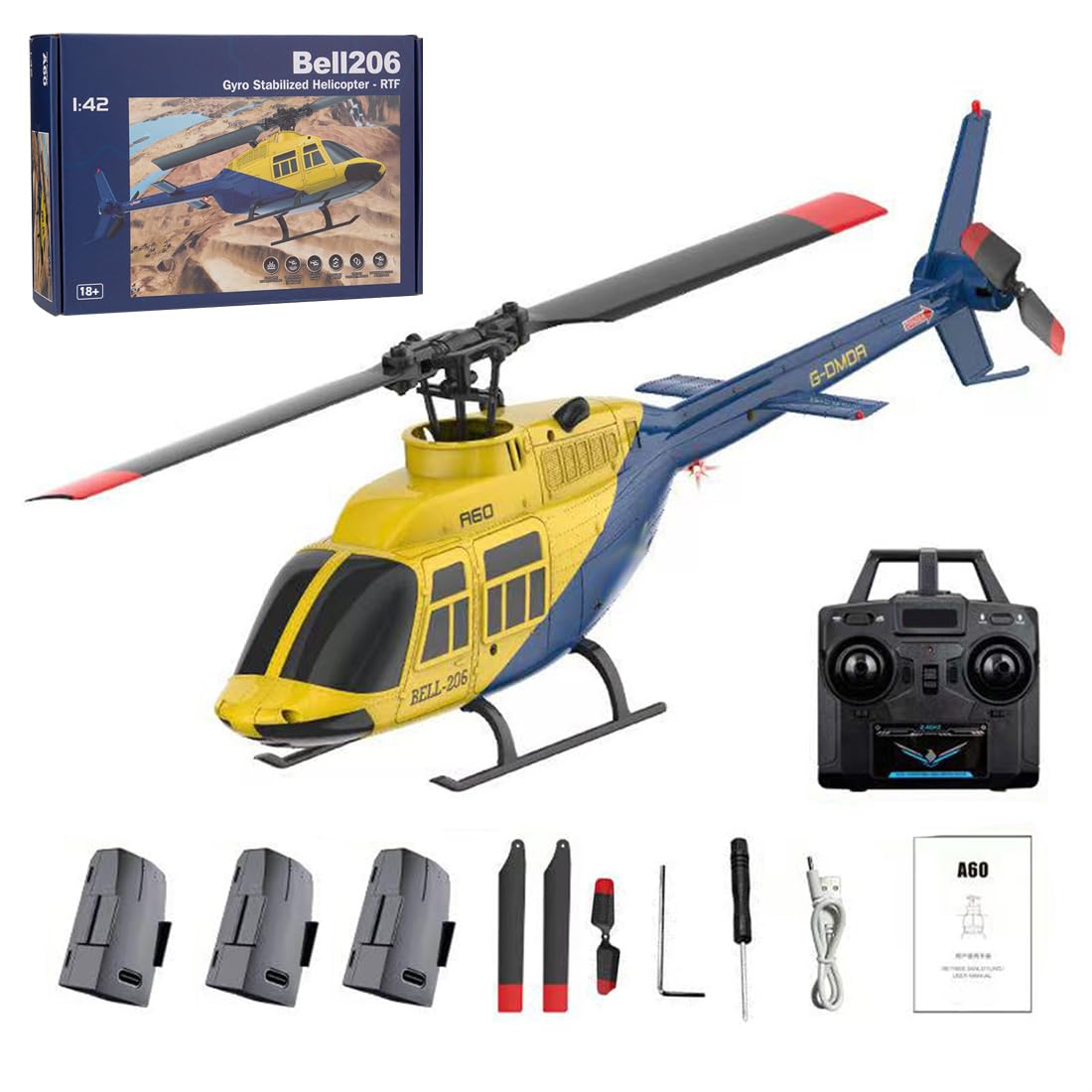 1/42 A60 206 RC Helicopter Outdoor, 2.4G 4CH A60 206 RC Helicopter for Adults, Single Rotor Flybarless Mini Aeroplane Model with Optical Flow Altitude Hold, Gift -RTF