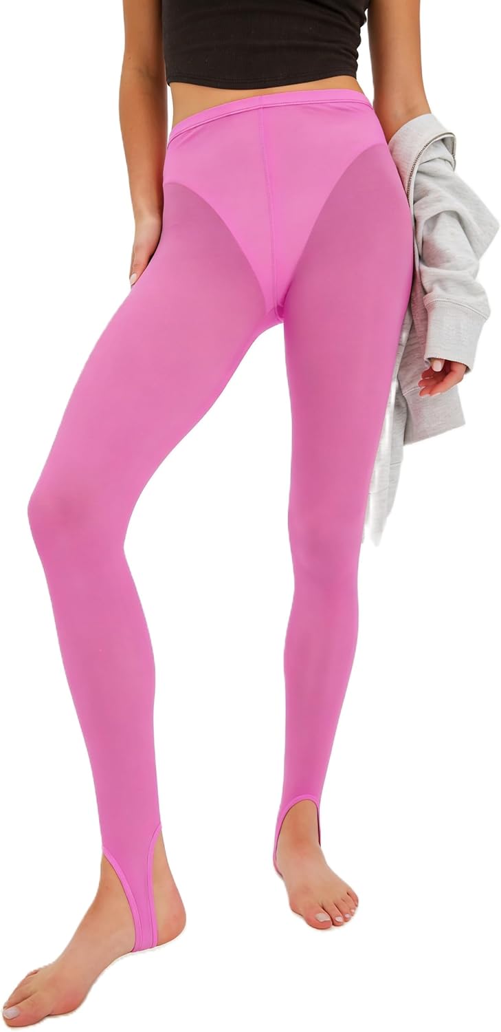 SOLILOQUY Women Stirrup Tights Sheer Leggings High Waist See Through Skinny Pants Gym Yoga Workout