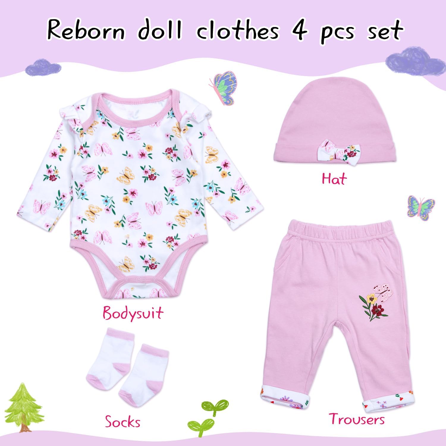 Reborn Baby Dolls Clothes Accessories 22 inch Girl Outfit 4 pcs for 17-22 Inch Reborn Dolls