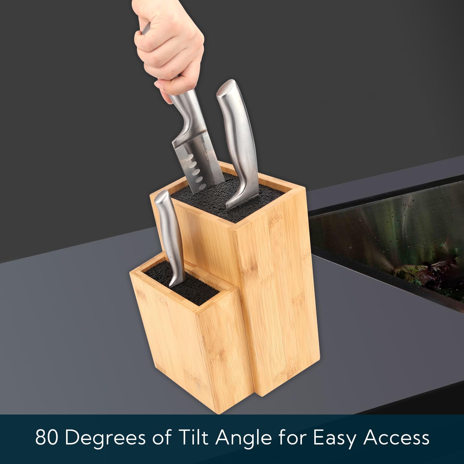 Bamboo Universal Knife Block, Extra Large Two-tiered Slotless Bamboo Knife Stand Organizer Holder, Convenient Safe Storage for Knives & Utensils, Detachable Bristles for Easy Cleaning -by KITCHENDAO