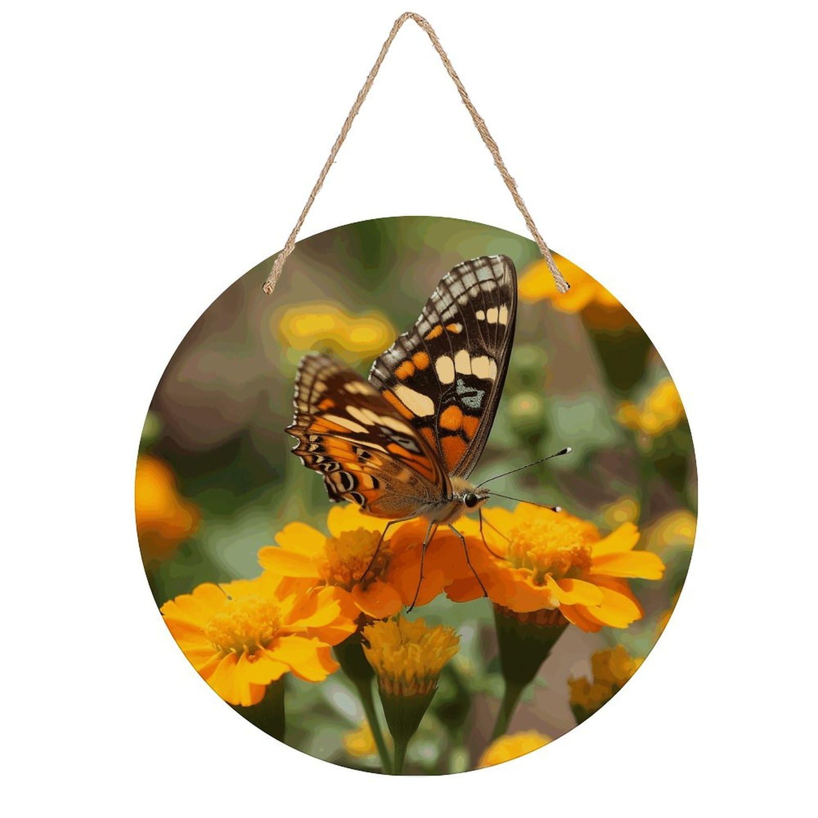 FekiLoot Wildflower Butterfly Wall Art Decor Round Wood Hanging Sign Decoration Wooden Circle Door Sign Round Hanging Decorative Wood Plaque Door Hanger for Home Outdoor Indoor Decoration
