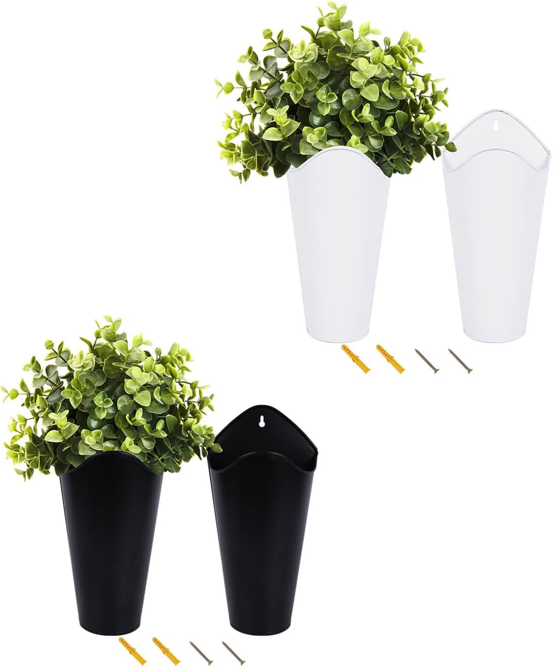 12 Inches Galvanized Wall Planters - 2 Pcs Black and 2 Pcs White Metal Tin Wall Planters for Flowers, Farmhouse Hanging Tall Wall Vase Flower Holder for Country Decor