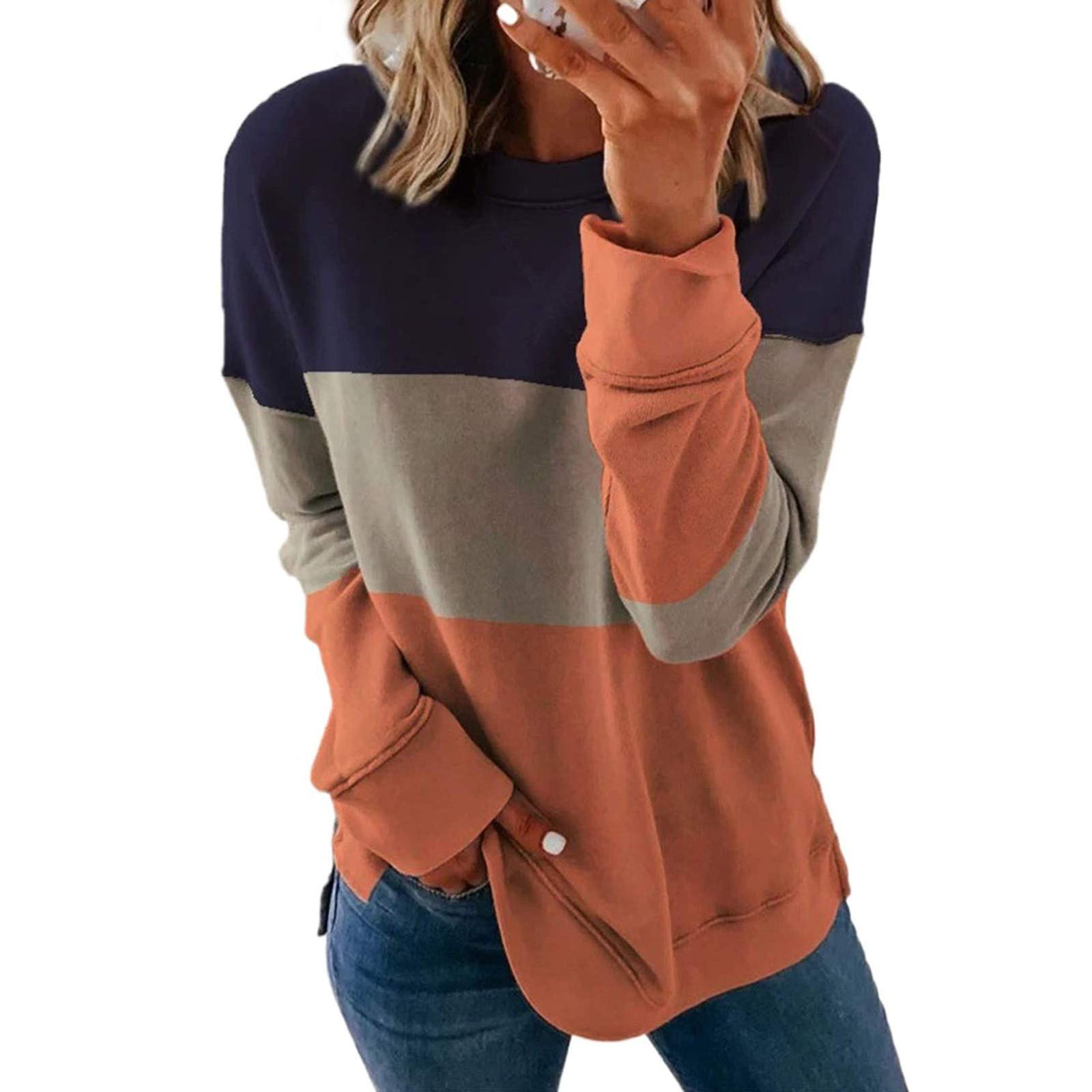 Dolkfu Womens Oversized Color Block Pullover Tops Casual Crew Neck
