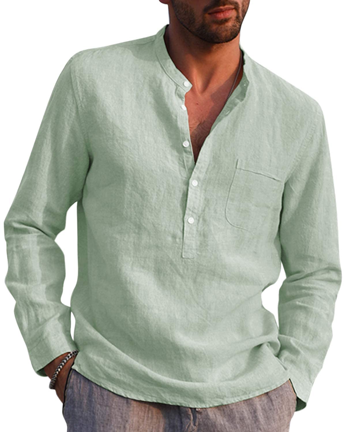 LVCBL Camisa de Lino Casual para Hombre Camisa Henley de Manga Larga con Cuello de Banda